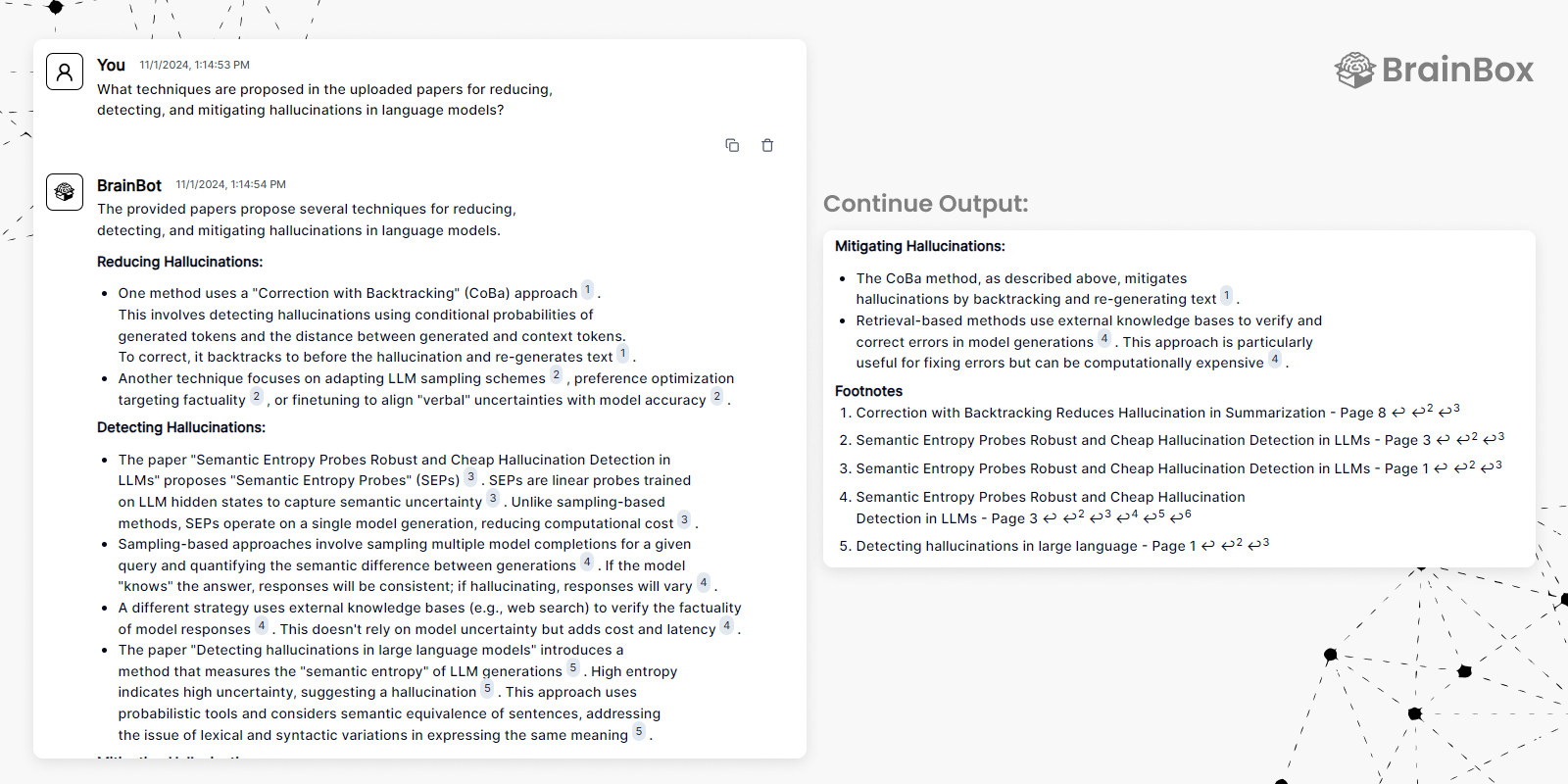 A screenshot of a chat interface between a user and BrainBot discussing techniques to reduce, detect, and mitigate hallucinations in language models. It includes a detailed list of methods with accompanying footnotes on the right side. The interface is branded with the BrainBox logo.