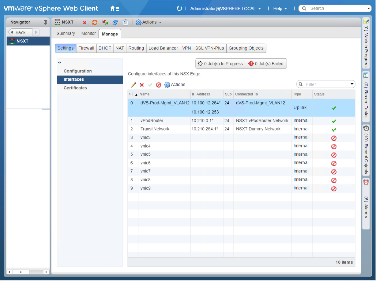 Screenshot of the VMware vSphere Web Client interface showing the configuration of NSX Edge interfaces. Various interfaces are listed with details like name, IP address, and connection status, including both uplinks and internal connections.