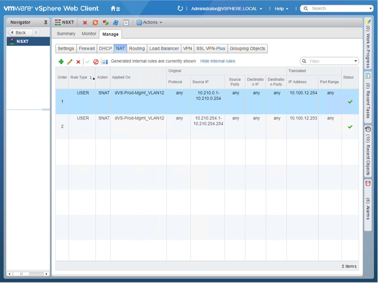 Screenshot of the VMware vSphere Web Client showing the NAT configuration page with two SNAT rules listed. Each rule has details such as source IP, destination IP, and translated IP addresses, applied on "dVS-Prod-Mgmt_VLAN12". Status of both rules is active.