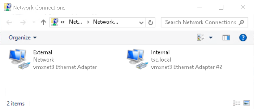 Screenshot of a Windows Network Connections folder showing two network connections: "External" with vmxnet3 Ethernet Adapter and "Internal" with vmxnet3 Ethernet Adapter #2.