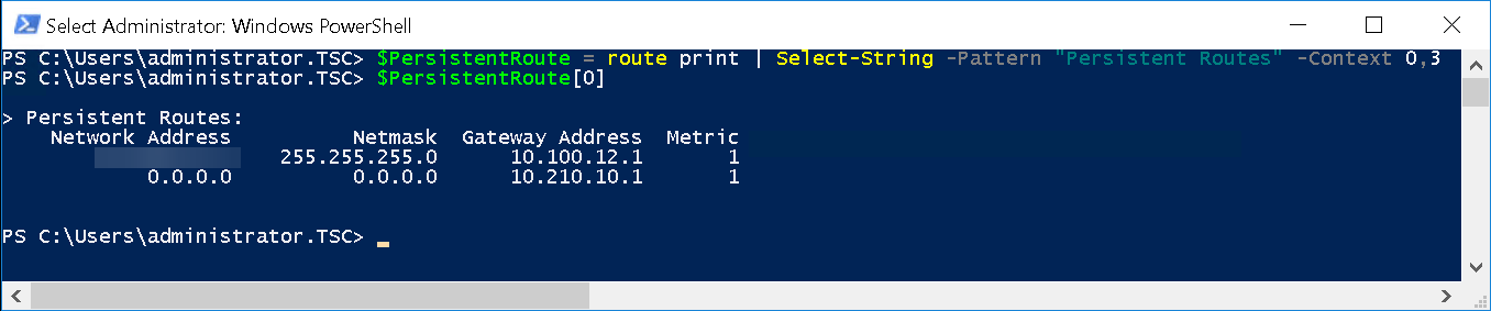 A Windows PowerShell window displaying a command output of persistent routes. There are two routes listed with their network addresses, netmasks, gateway addresses, and metrics.