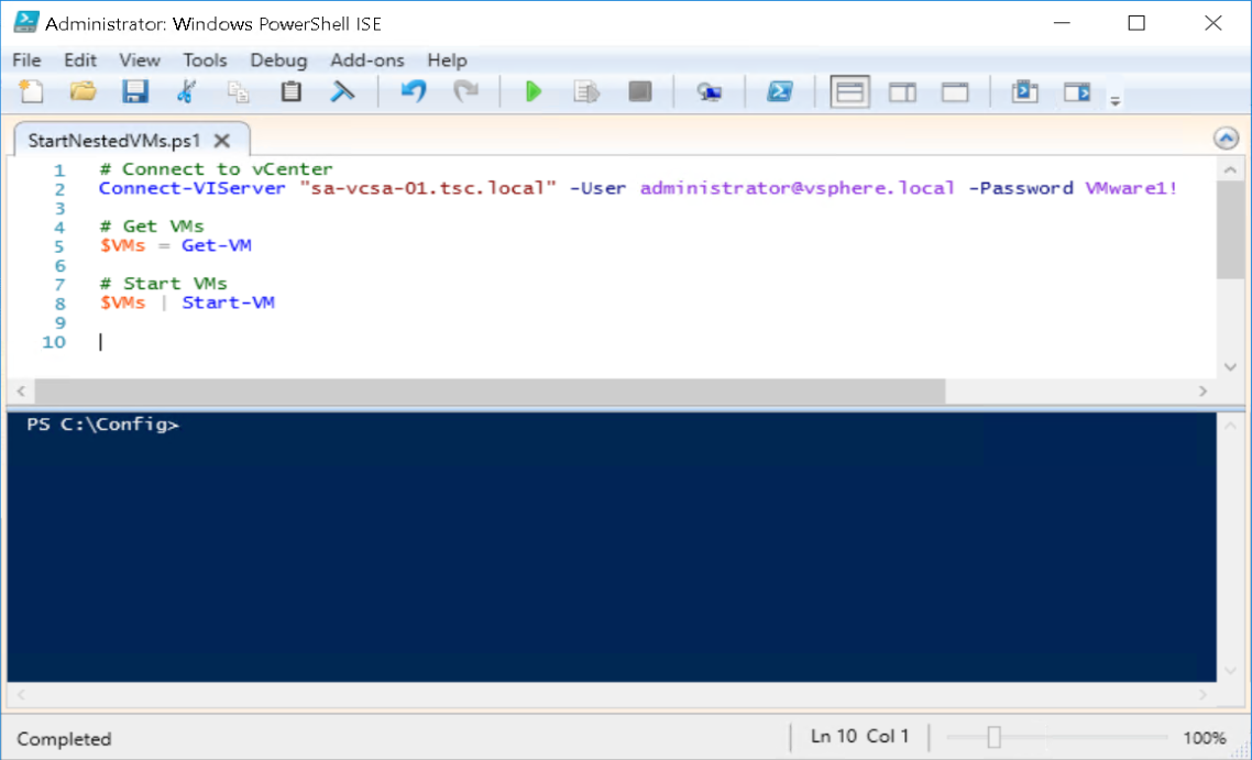 Screenshot of Windows PowerShell ISE with a script to connect to a vCenter server and start virtual machines. The script includes lines for connecting to the server, retrieving VMs, and starting them.