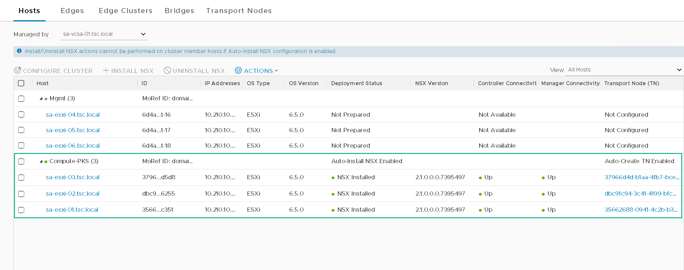 A screenshot of a software interface displaying a list of hosts under "Mgmt" and "Compute-PKS" categories. Hostnames, IP addresses, OS types, OS versions, deployment statuses, NSX versions, and connectivity statuses are shown. Some entries indicate "NSX Installed" with a status of "Up."