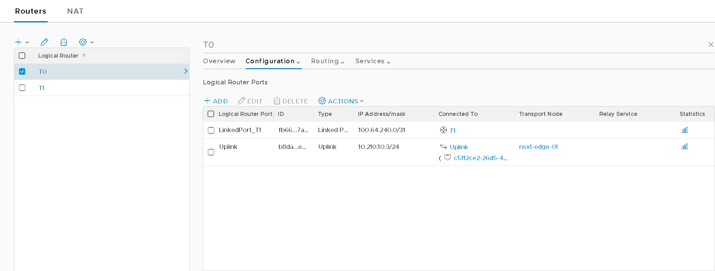 Screenshot of a configuration page for logical routers, showing two entries: "LinkedPort_T1" with IP address 100.64.240.0/31 connected to T1, and "Uplink" with IP address 10.210.10.3/24 connected to nsxt-edge-01. Options to add, edit, or delete are visible at the top.