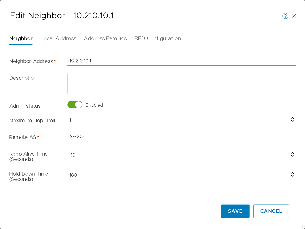 Editing interface for a network neighbor configuration. Fields include Neighbor Address, Description, Admin Status (enabled), Maximum Hop Limit, Remote AS, Keep Alive Time, and Hold Down Time, with options to Save or Cancel.