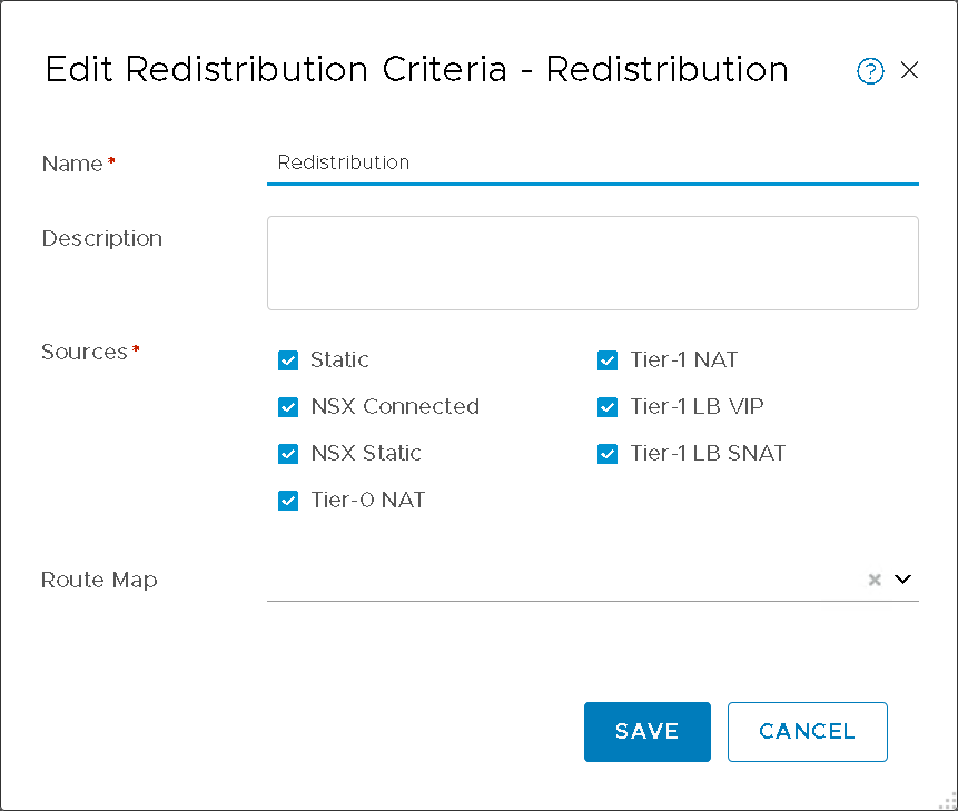 A settings window titled "Edit Redistribution Criteria - Redistribution" with fields for Name, Description, Sources, and Route Map. The Name is set to "Redistribution." Checkboxes for various sources are selected, including Static, NSX Connected, NSX Static, Tier-0 NAT, Tier-1 NAT, Tier-1 LB VIP, and Tier-1 LB SNAT. There are "Save" and "Cancel" buttons at the bottom.