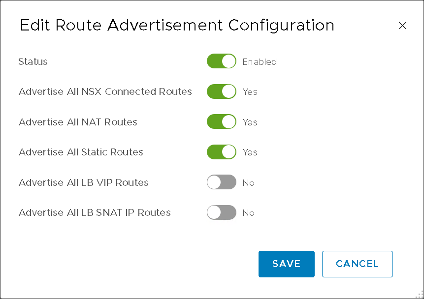 Settings interface for "Edit Route Advertisement Configuration" with toggles for enabling route advertising. Options for NSX Connected, NAT, and Static Routes are enabled, while LB VIP and SNAT IP Routes are disabled. Save and Cancel buttons are at the bottom.