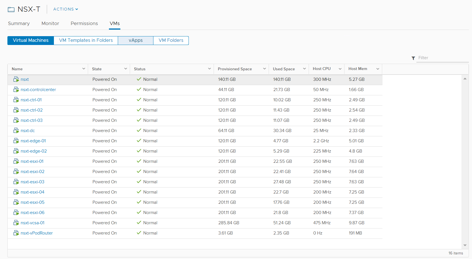 A screenshot of the NSX-T dashboard displaying a list of virtual machines. It shows details such as name, state, status, provisioned space, used space, host CPU, and host memory for each virtual machine. All machines are powered on and have a status of "Normal."