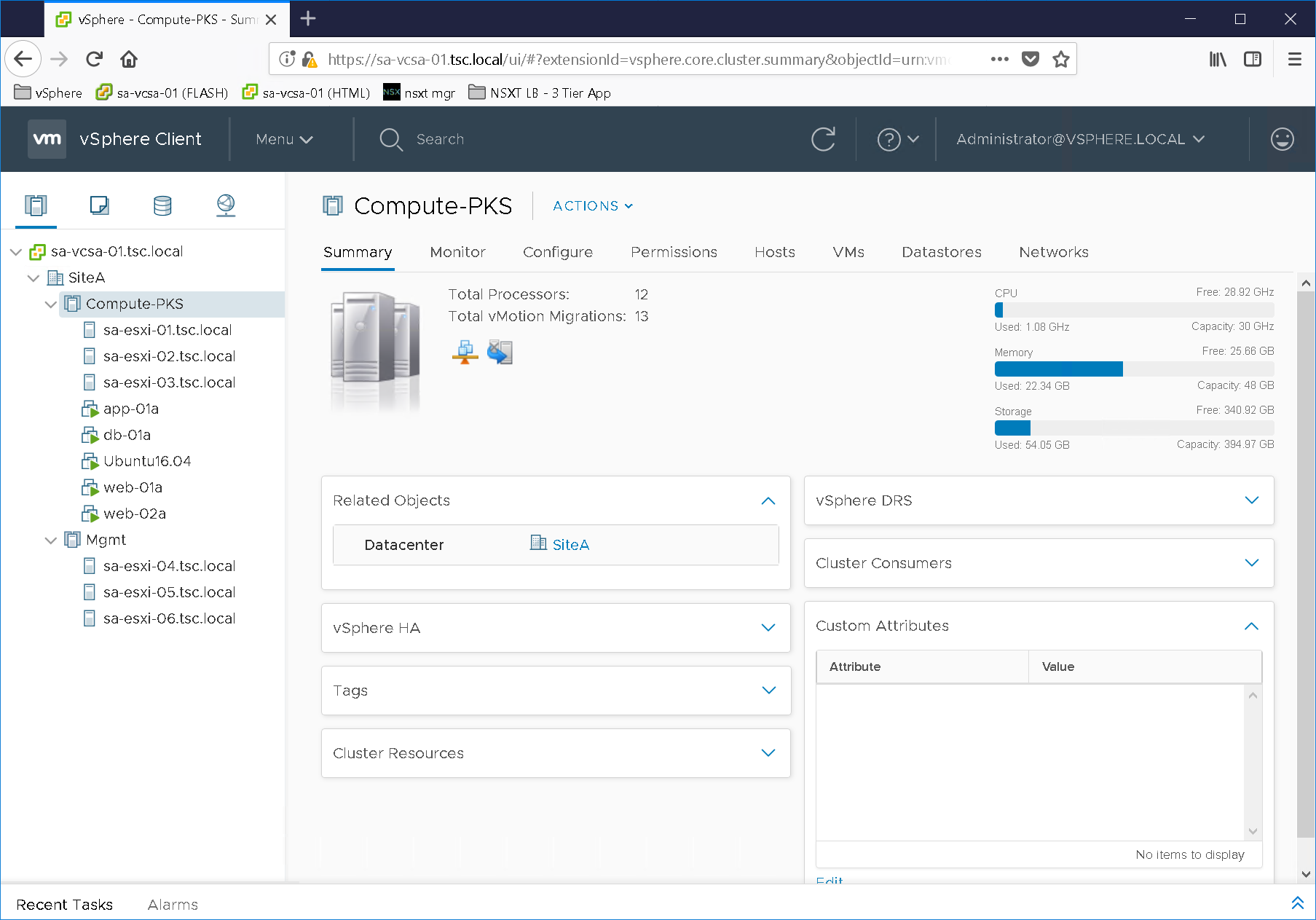 Screenshot of the vSphere Client interface showing the summary tab for "Compute-PKS" under "SiteA". It displays total processors (12), vMotion migrations (13), and resource usage for CPU, memory, and storage. The left pane lists network items, and the right pane includes related objects, and sections for vSphere DRS, HA, tags, cluster resources, and custom attributes.