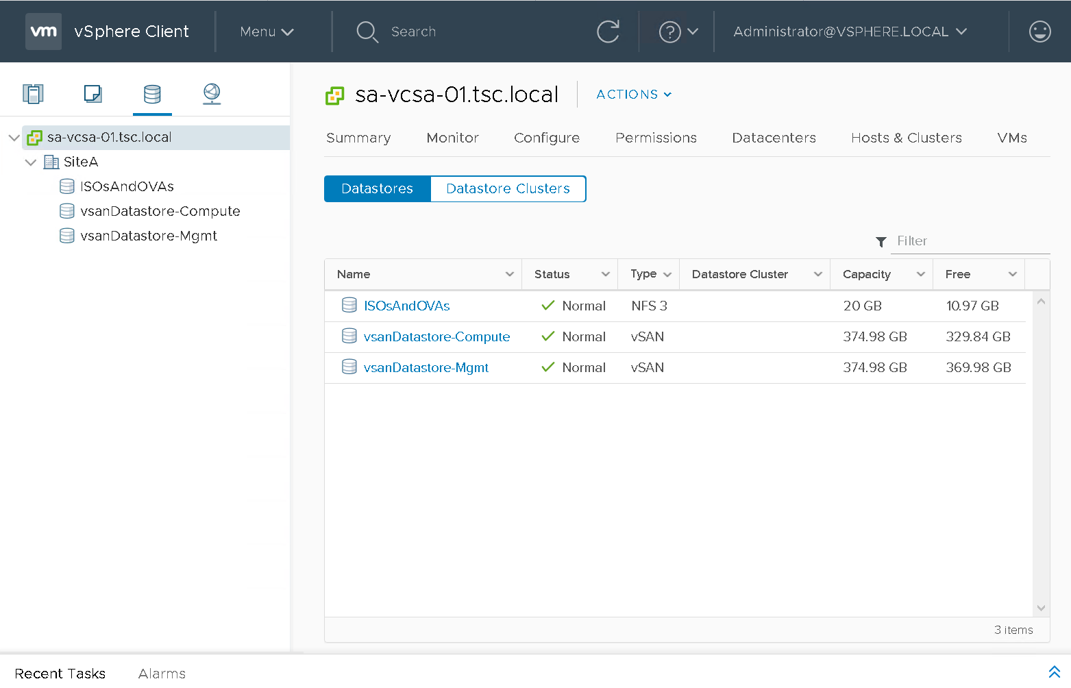 Screenshot of the vSphere Client showing datastores on a server. It lists three datastores: ISOsAndOVAs, vsanDatastore-Compute, and vsanDatastore-Mgmt with statuses marked as Normal. Types include NFS 3 and vSAN. Each datastore's capacity and free space are displayed.