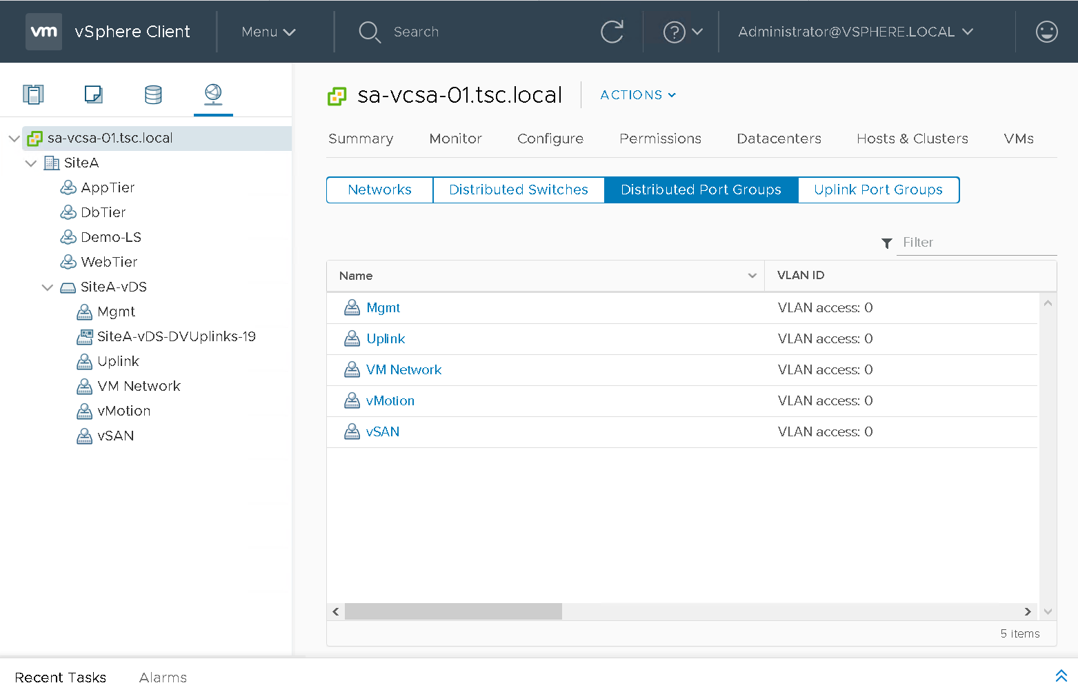 Screenshot of a vSphere Client interface displaying a network configuration. The left panel shows a hierarchy of networks under "SiteA," and the right panel lists distributed port groups with names like "Mgmt," "Uplink," and "VM Network," each having VLAN access set to 0.