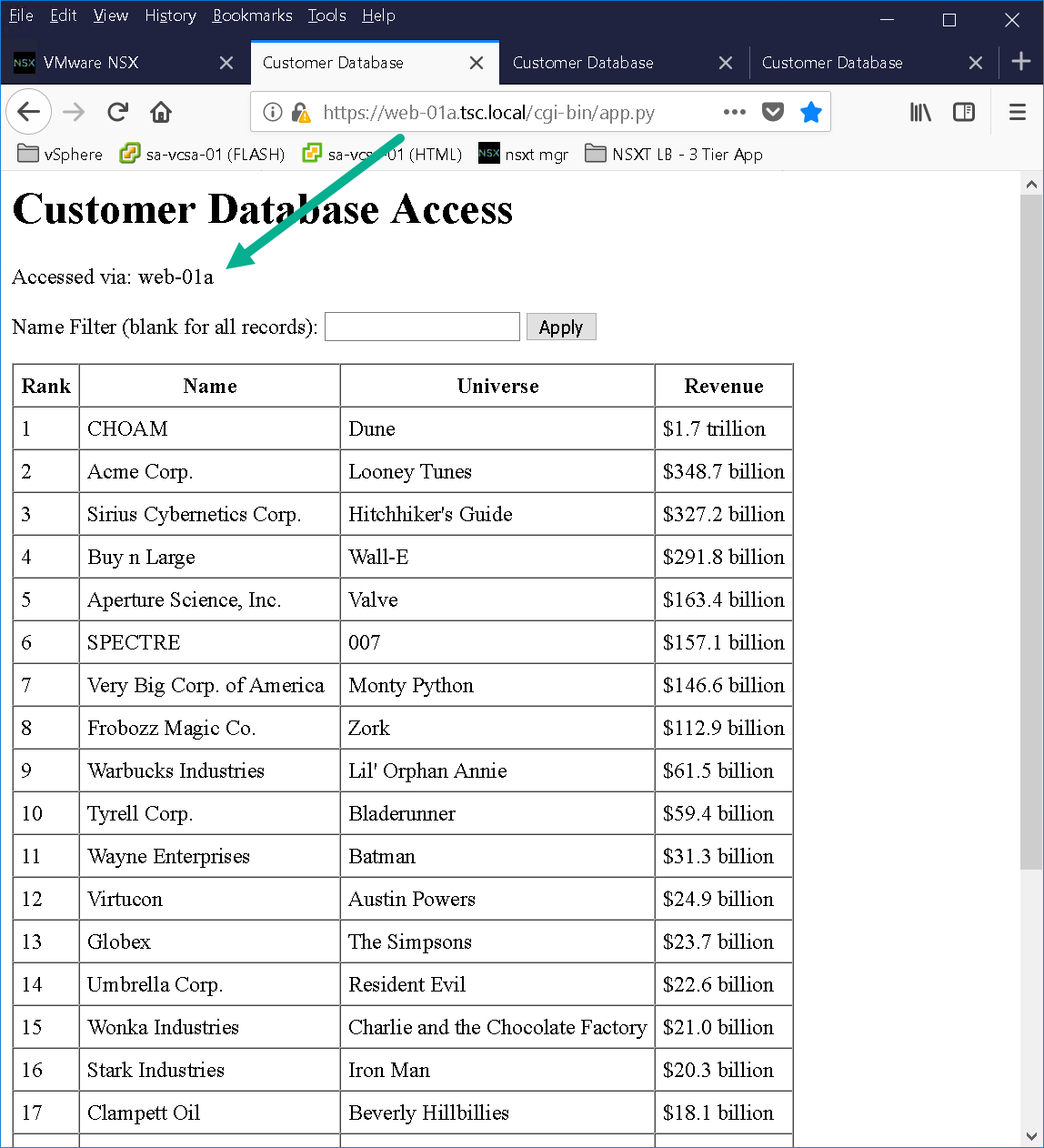 A browser window displaying a fictional customer database with a list of companies from various universes. The table shows their rank, name, universe, and revenue. The page header indicates access via "web-01a".