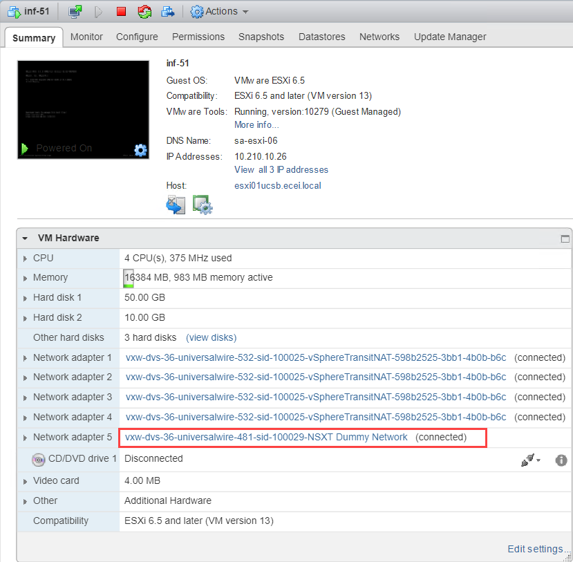 Screenshot of a virtual machine summary in VMware showing details like the guest OS version (VMware ESXi 6.5), compatibility, hardware specifications (CPU, memory, hard disks), and connected networks. One network adapter is highlighted, indicating connection to a "NSX-T Dummy Network."