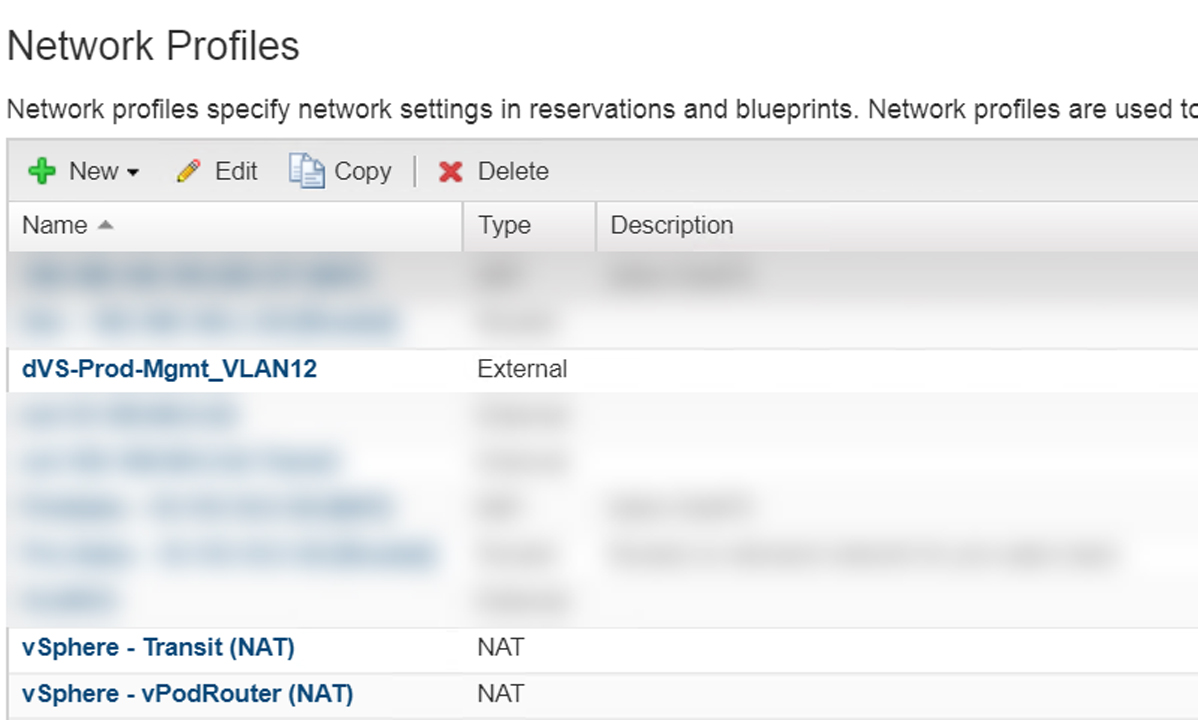 Screenshot of the "Network Profiles" section displaying network settings with options for new, edit, copy, and delete. The list includes profiles like "dVS-Prod-Mgmt_VLAN12" (External) and "vSphere - Transit (NAT)."