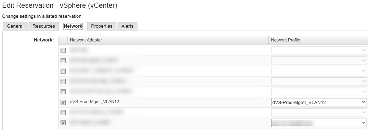 A screenshot of the "Edit Reservation" page in vSphere (vCenter), focused on the "Network" tab. It shows a panel with network adapter options, listing various networks and associated network profiles. Some options are checked, with "dVS-Prod-Mgmt_VLAN12" selected. Tabs include General, Resources, Network, Properties, and Alerts.