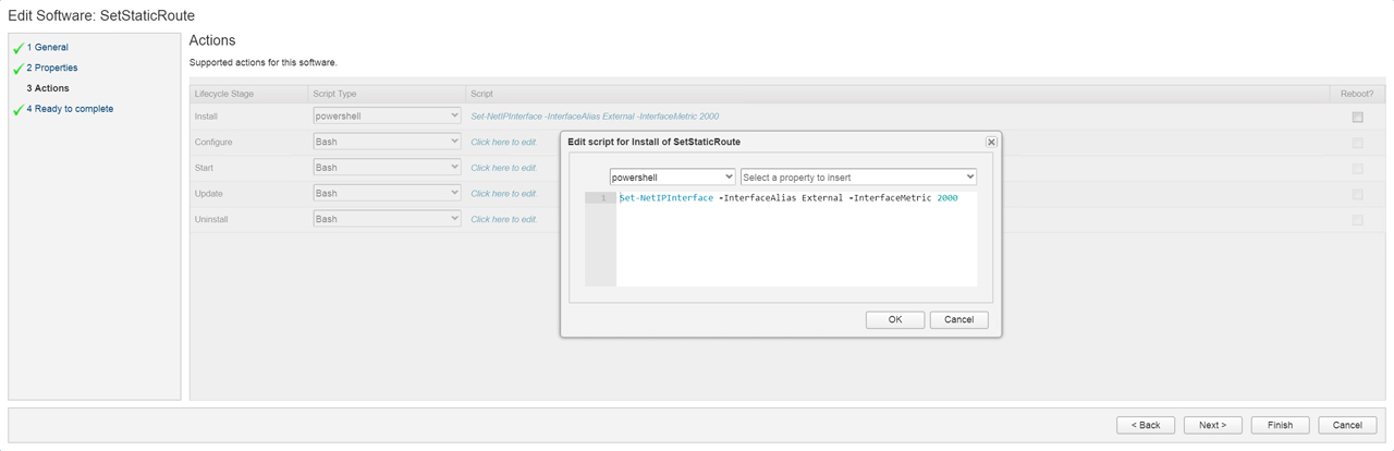 Screenshot of software configuration interface titled "Edit Software: SetStaticRoute," displaying lifecycle stages with script types (Powershell and Bash). The highlighted "Install" stage shows a Powershell script command for setting a network interface. A dialog box allows script editing.