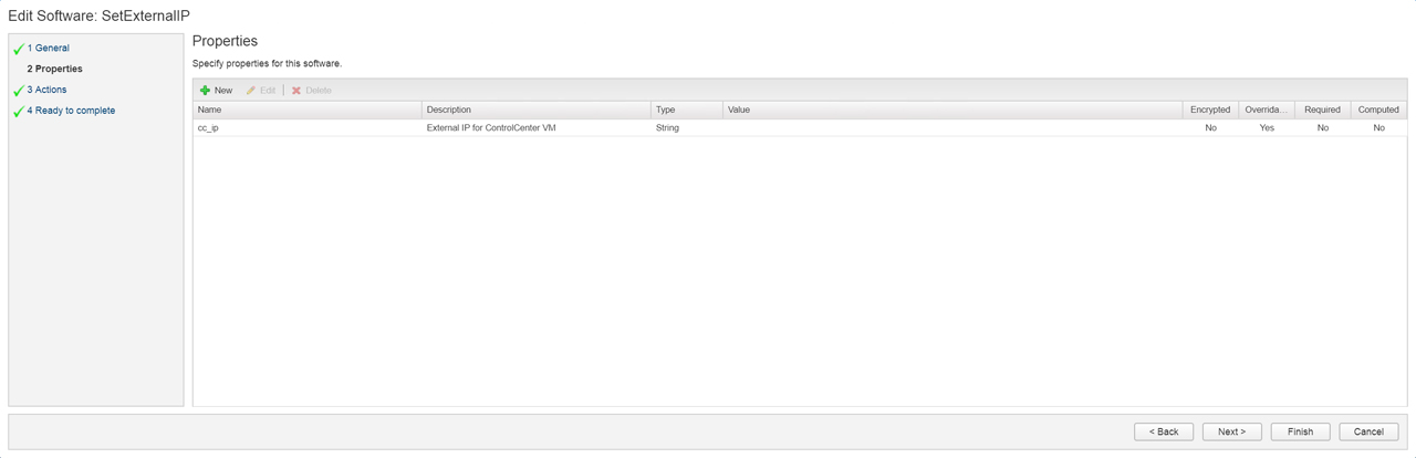 Edit Software interface showing the "SetExternalIP" properties. The table includes a property named "cc_ip" with a description "External IP for ControlCenter VM," and its type is "String." Options for encryption, override, requirement, and computation are set to 'No' or 'Yes' as displayed. Navigation buttons are at the bottom.