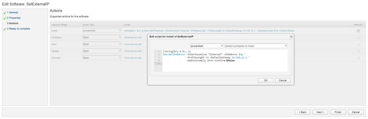 A software editing interface for "SetExternalIP" displaying actions in different lifecycle stages. The "Install" script is shown in a pop-up, written in PowerShell, for setting an external IP address with specified parameters.