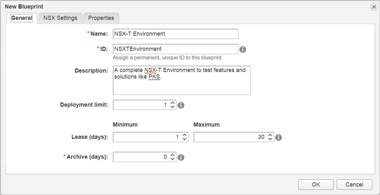 Screenshot of a "New Blueprint" form with fields filled for creating an "NSX-T Environment." It includes fields for name, ID, description, deployment limit, and lease duration, with options to set minimum and maximum values. Buttons for "OK" and "Cancel" are at the bottom.