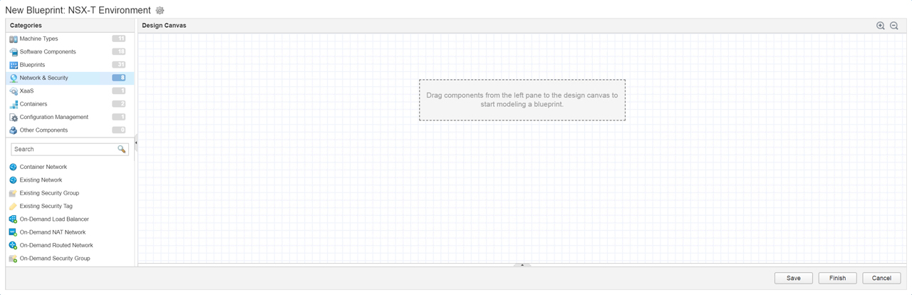 User interface of a blueprint design tool titled "NSX-T Environment" with a grid canvas on the right and a categories list on the left, including options like "Network & Security." A prompt suggests dragging components to the canvas to start modeling.