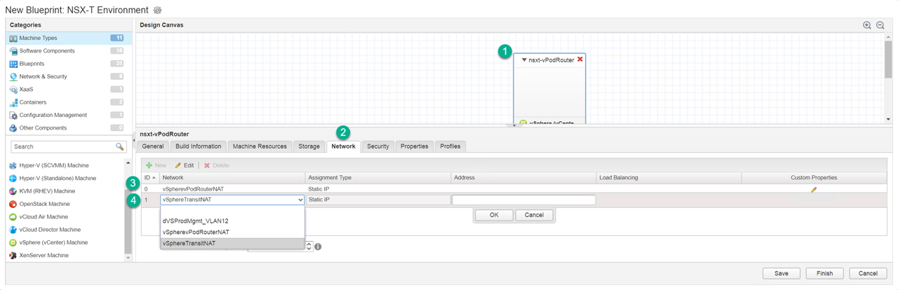 User interface of a software application for designing a new NSX-T environment. It shows a design canvas on the right and various menu categories on the left, including Machine Types and Network & Security. A configuration for a network called "vSpherePodRouterNAT" is displayed, with options for assignment type and address.