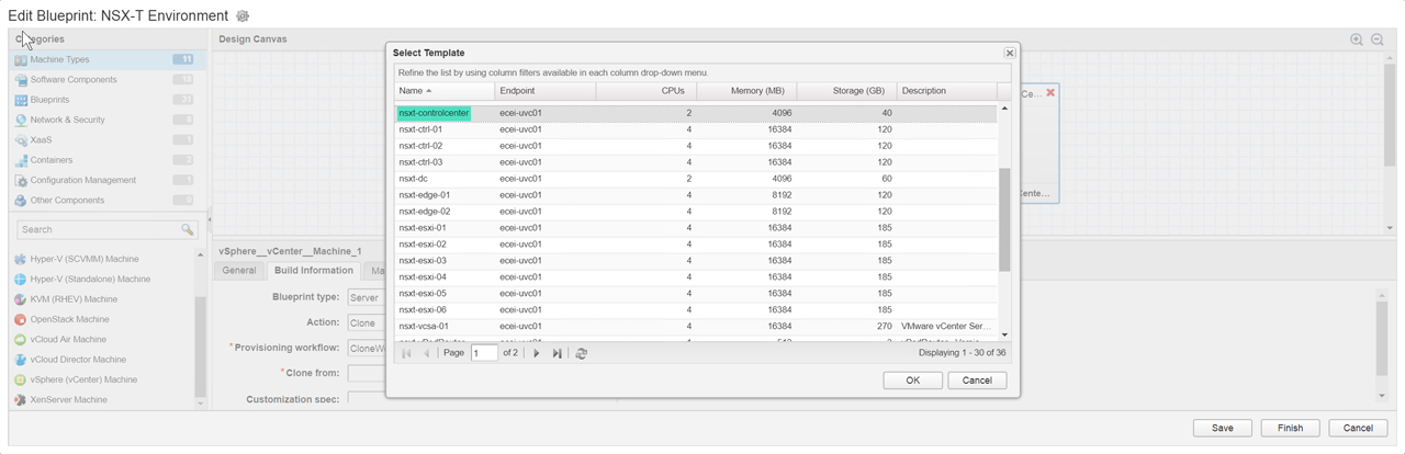 Screenshot of editing a blueprint in an NSX-T environment. The interface shows categories like Machine Types, Software Components, and Others. A "Select Template" window lists various server configurations with details like name, endpoint, CPUs, memory, and storage. Options to save, finish, or cancel are at the bottom.