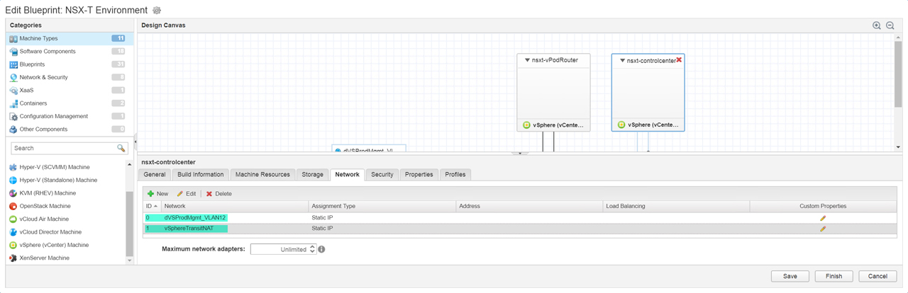 Screenshot of an NSX-T environment blueprint editor. The design canvas shows components and connections, with a focus on network settings. Options for adding and editing network configurations are visible at the bottom. Categories and machine types are listed on the left sidebar.