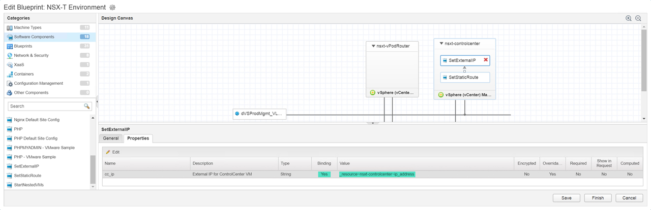 Screenshot of an "Edit Blueprint: NSX-T Environment" interface. It shows a design canvas with components like "nsxt-tvPodRouter" and "nsxt-controlcenter.” A properties panel below displays a field for setting an "External IP" for ControlCenter VM with a string value. Options to save or finish are visible.