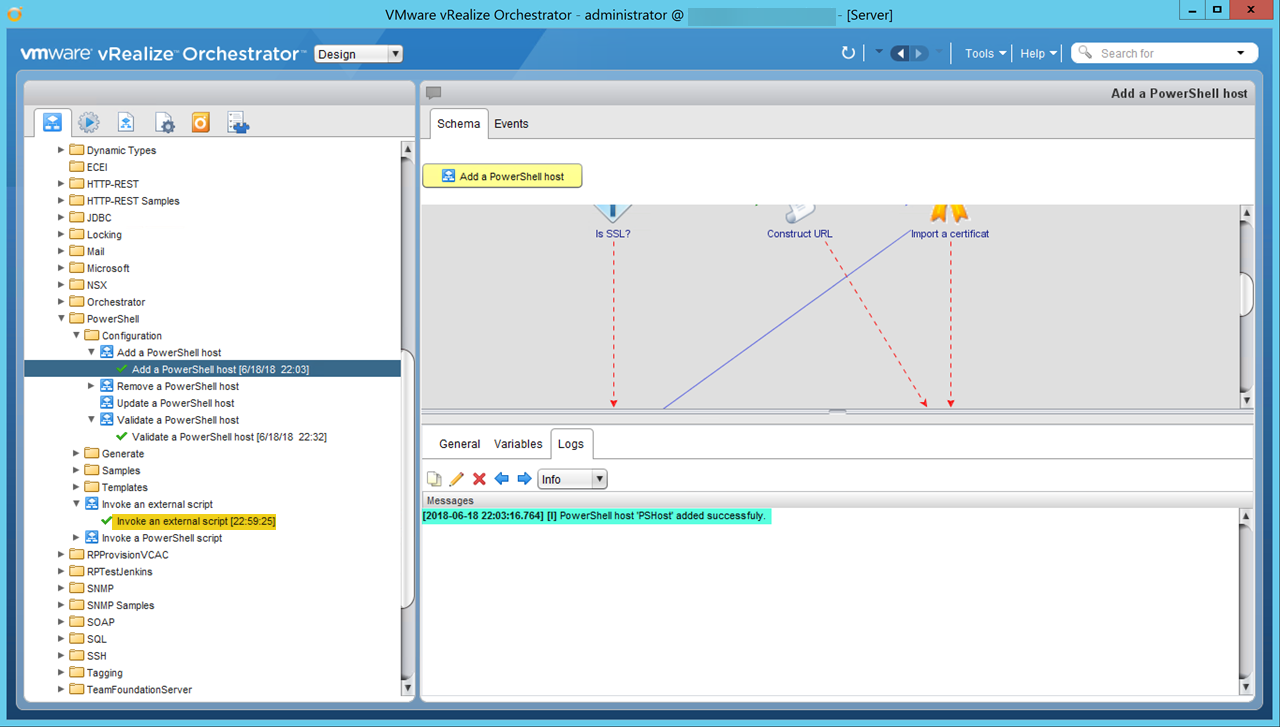 Screenshot of VMware vRealize Orchestrator showing a task to "Add a PowerShell host" with a message indicating successful addition. The interface includes a schema workflow with steps like "Is SSL?," "Construct URL," and "Import a certificate." Various folders and tasks are displayed on the left pane.