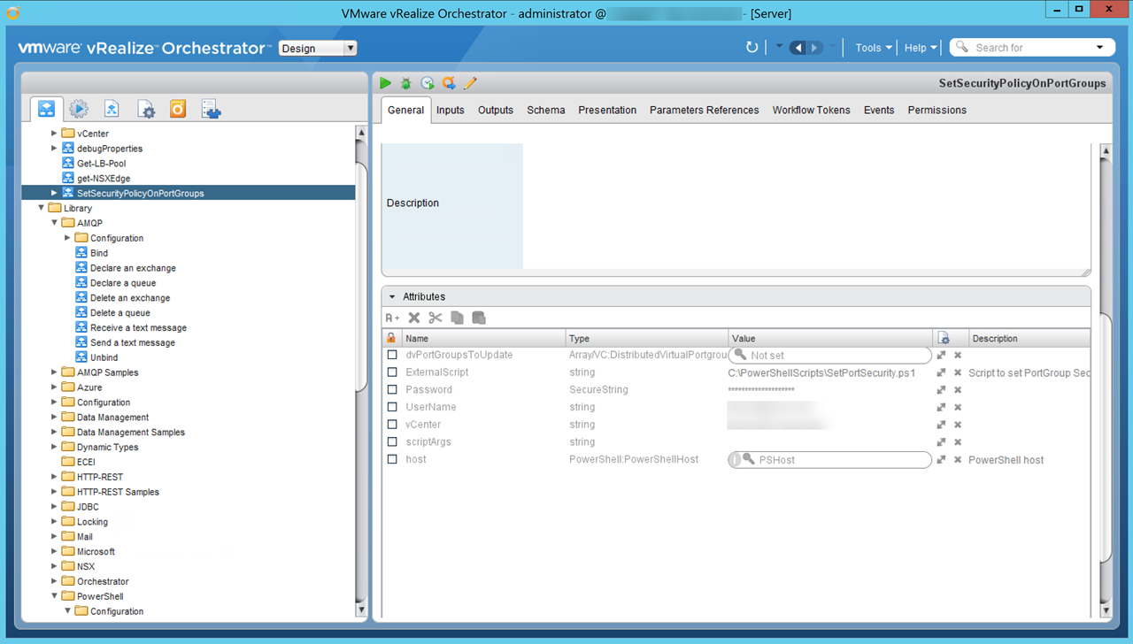 Screenshot of VMware vRealize Orchestrator showing the "SetSecurityPolicyOnPortGroups" workflow. The interface includes a tree view with folders such as AMQP and PowerShell, and an attribute section listing various settings like ExternalScript and Password with corresponding values.