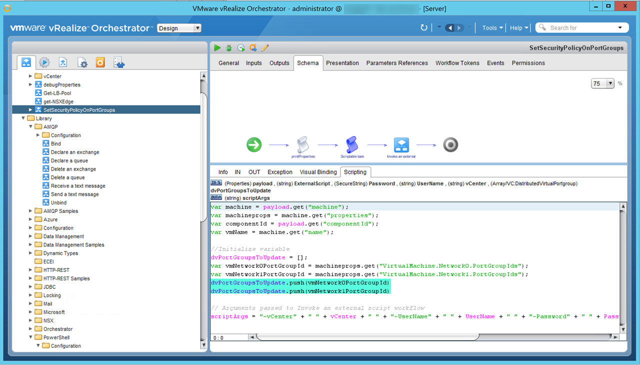 Screenshot of the VMware vRealize Orchestrator interface, showing a script for a workflow named "SetSecurityPolicyOnPortGroups." The interface includes tabs for General, Inputs, Outputs, and more, as well as a navigation panel on the left displaying workflow components and a script editor on the right with highlighted JavaScript code.