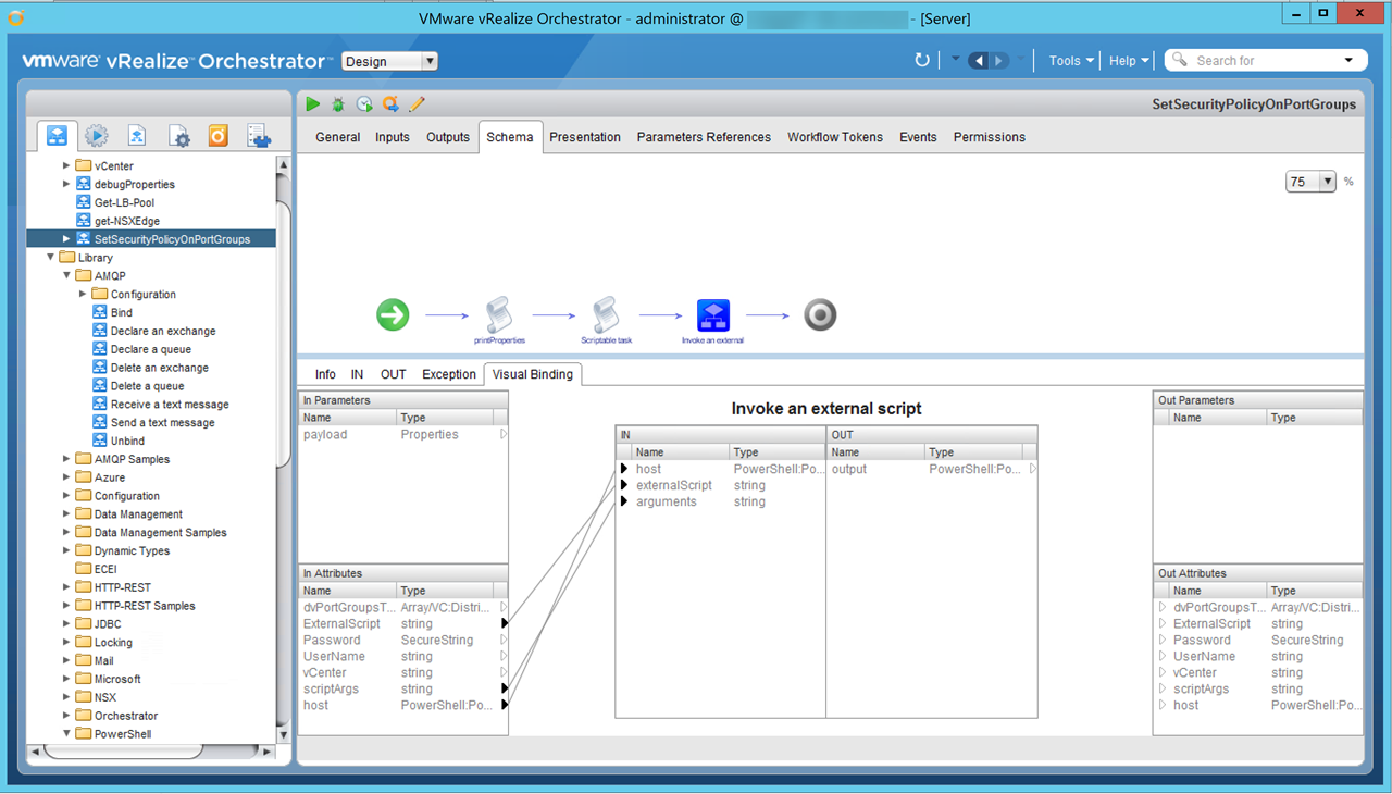 Screenshot of VMware vRealize Orchestrator interface displaying the workflow "SetSecurityPolicyOnPortGroups." The left pane shows a hierarchical library of tasks, and the central area features a schema with visual workflow elements connected by arrows. Below is a panel for configuring input and output parameters for an external script invocation.