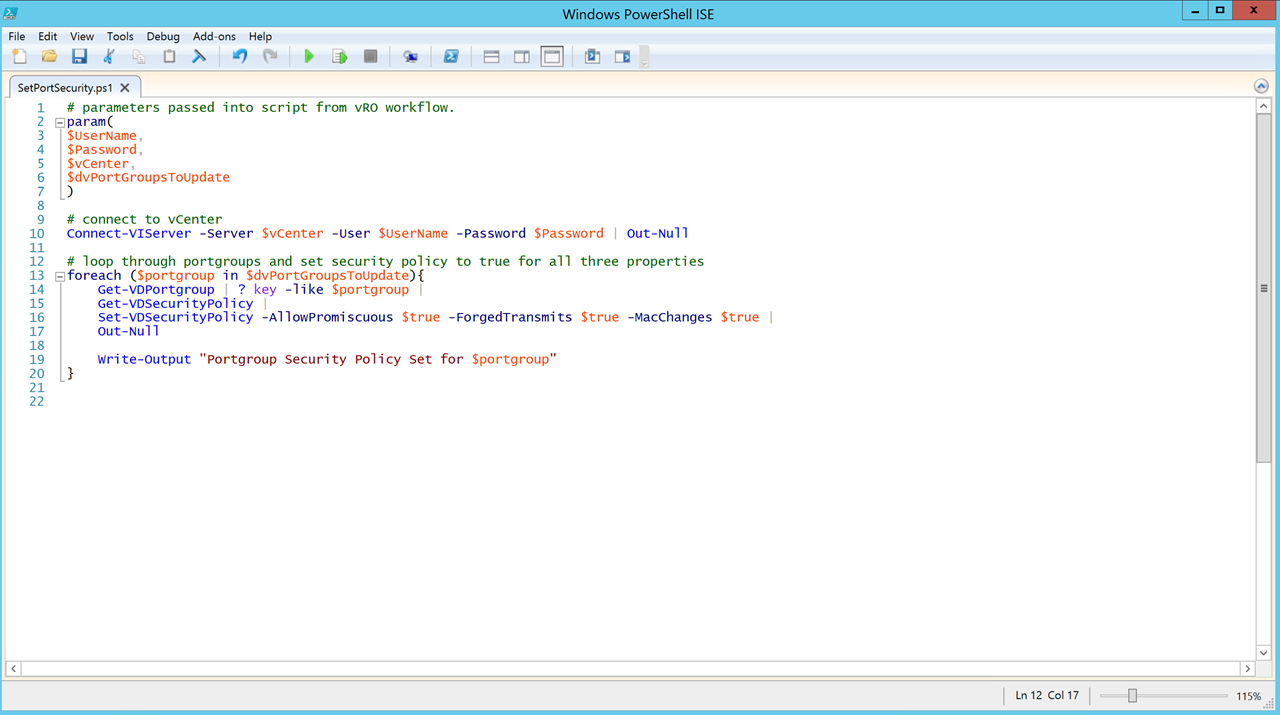 A Windows PowerShell Integrated Scripting Environment (ISE) window displaying a script named "SetPortSecurity.ps1". The script connects to a vCenter server using provided credentials and updates security policies for specified port groups.