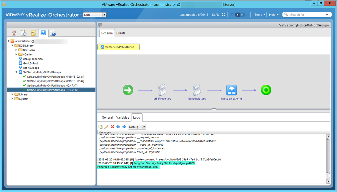 Screenshot of VMware vRealize Orchestrator showing a workflow named "SetSecurityPolicyOnPortGroups" with steps like printProperties, Scriptable task, and Invoke an external. The left panel lists scripts and folders, while the bottom panel displays log messages.