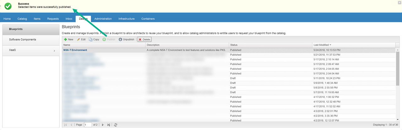 Screenshot of a web interface showing a "Success" message indicating selected items were published. The interface displays a list of blueprints with columns for name, description, status, and last modified date.
