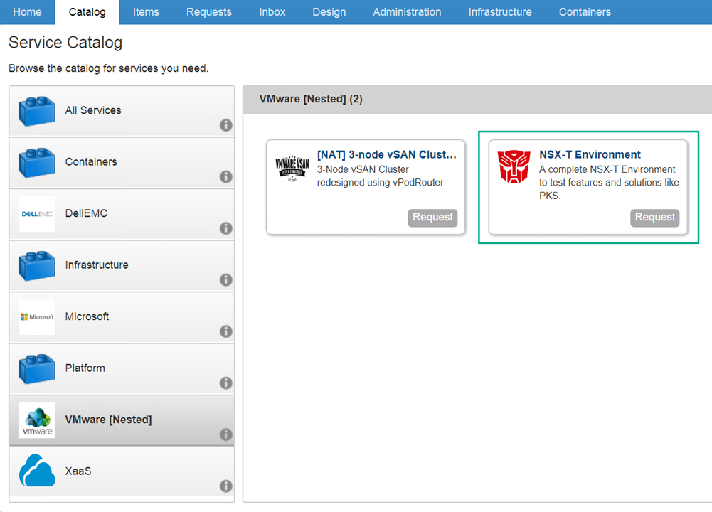 Service catalog interface showing VMware nested services, including a 3-node vSAN cluster and NSX-T environment, with request buttons. Side menu lists other categories like Containers, DellEMC, and Microsoft.