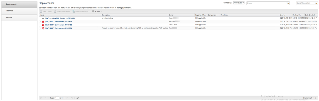 A software interface displaying a list of deployments with details like name, description, owner, expiration dates, and creation dates. Some deployments show warnings. The left sidebar contains options for Deployments, Machines, and Network.