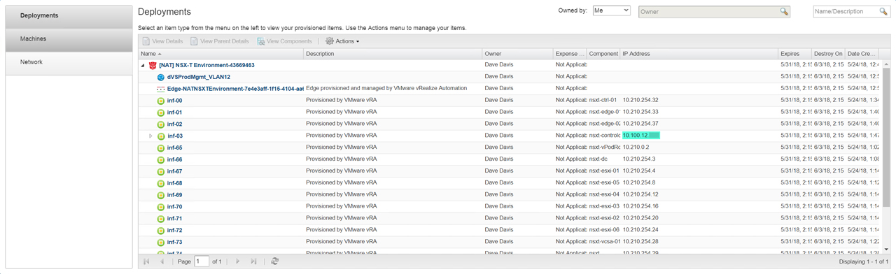 A software interface displaying a list of deployments with details such as name, description, owner, IP address, and dates. The list includes various entries provisioned by VMware, showing different status icons and information.