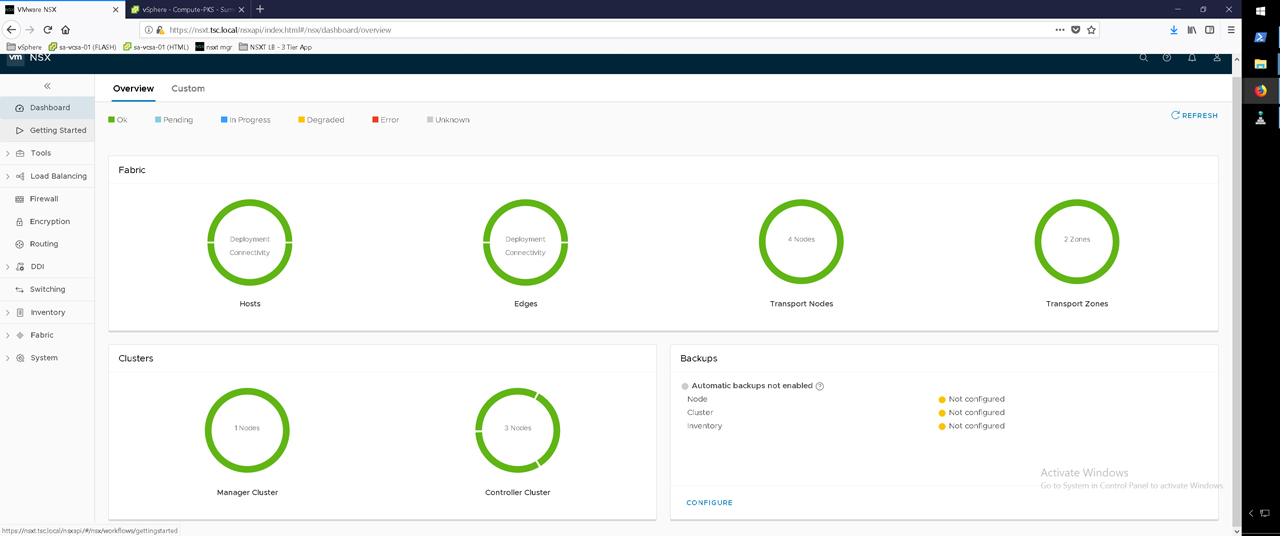 Dashboard interface of VMware NSX showing the overview of fabric components and clusters. It displays circular graphs for deployment connectivity, transport nodes, transport zones, and clusters. Backup settings indicate automatic backups are not enabled and not configured.