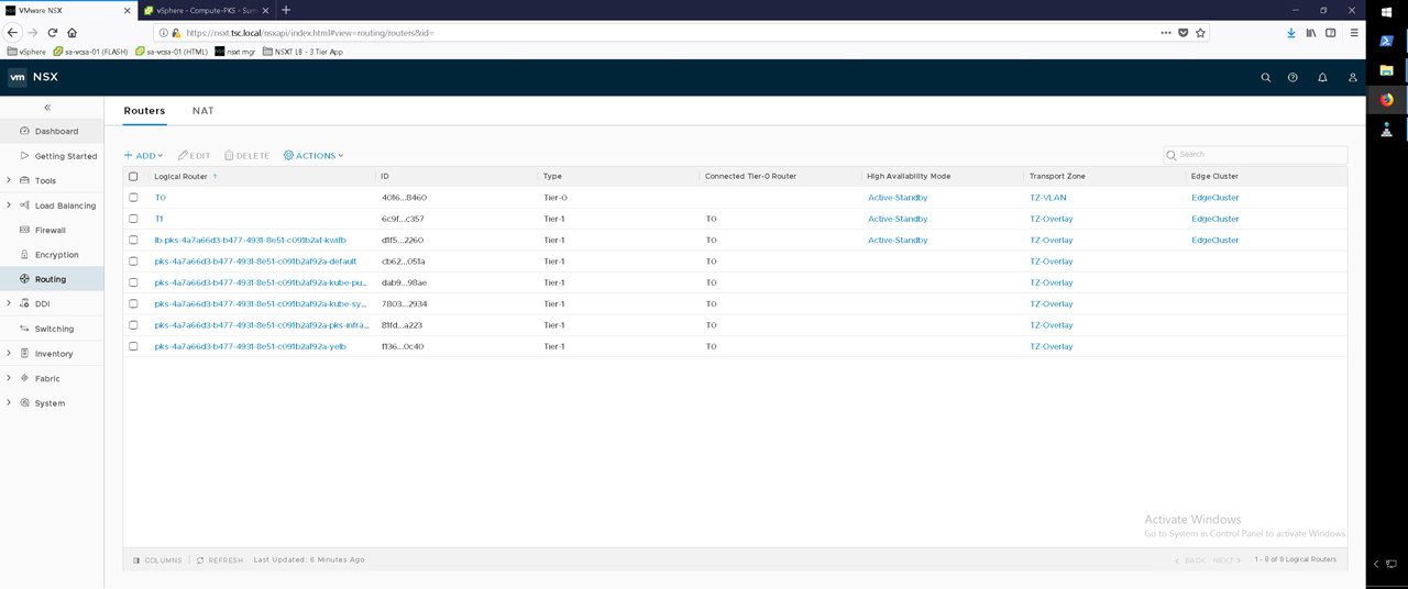 Screenshot of a VMware NSX interface showing a list of logical routers. Columns include Logical Router, ID, Type, Connected Tier-0 Router, High Availability Mode, Transport Zone, and Edge Cluster. Options for adding, editing, deleting, or taking actions are available. The interface also displays a navigation panel on the left.