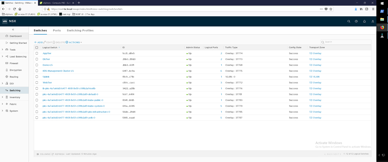 Screenshot of a network management interface displaying a list of logical switches. The table includes columns for the switch name, ID, admin status, logical ports, traffic type, config state, and transport zone. All switches are marked with an "Up" status and "Success" config state.