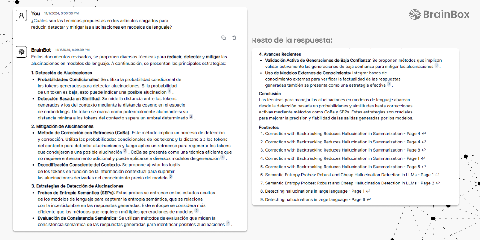 A chat conversation discussing techniques to reduce, detect, and mitigate hallucinations in language models. It includes methods like probability analysis, similarity detection, correction techniques, and advancements in validation and model integration. There are detailed bullets and footnotes on related research.