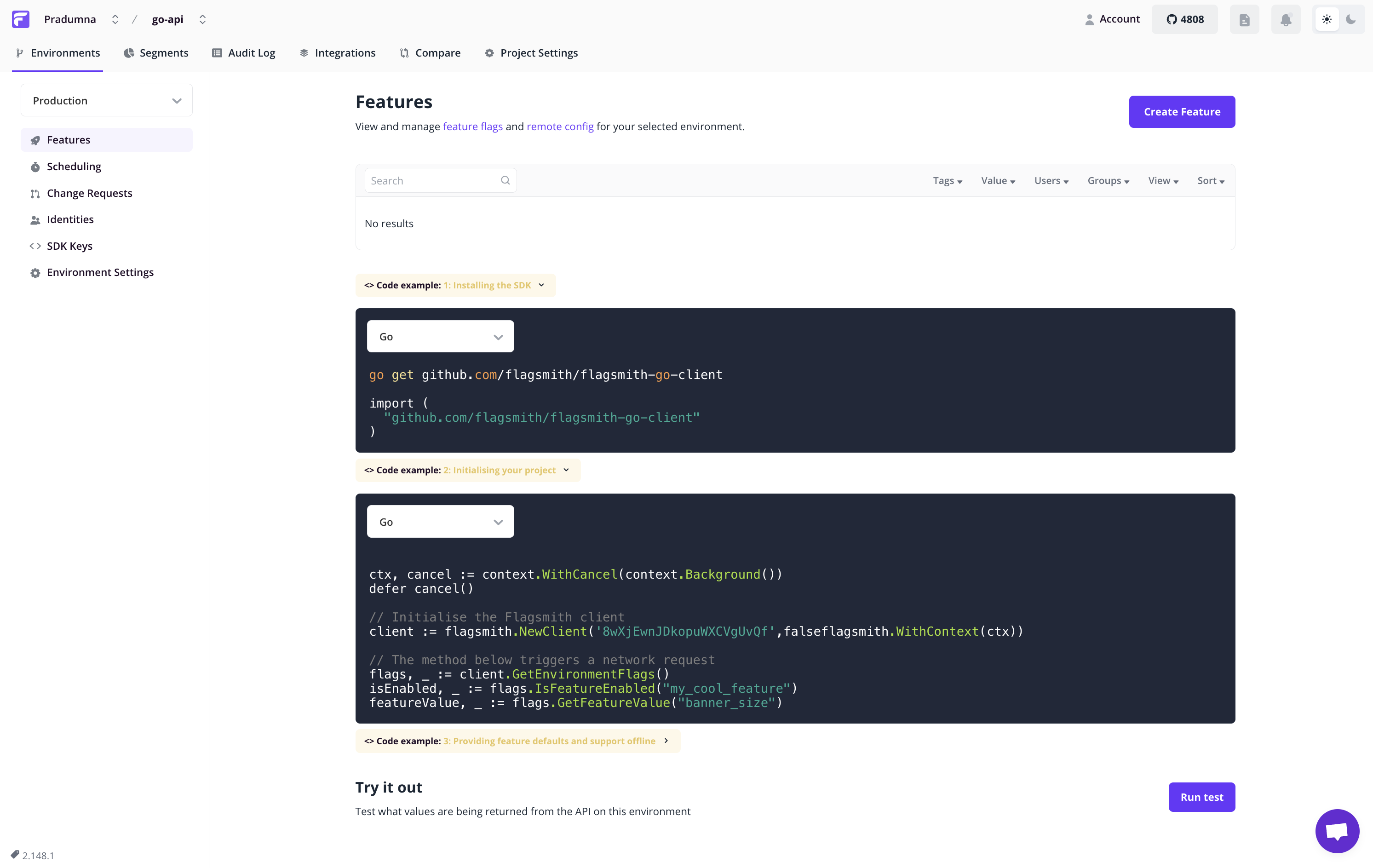 Screenshot of a web interface labeled "Features" for managing feature flags and remote config. It includes examples of Go code for installing the SDK and initializing a project, with options to test API values. There are buttons and tabs for navigation and settings.