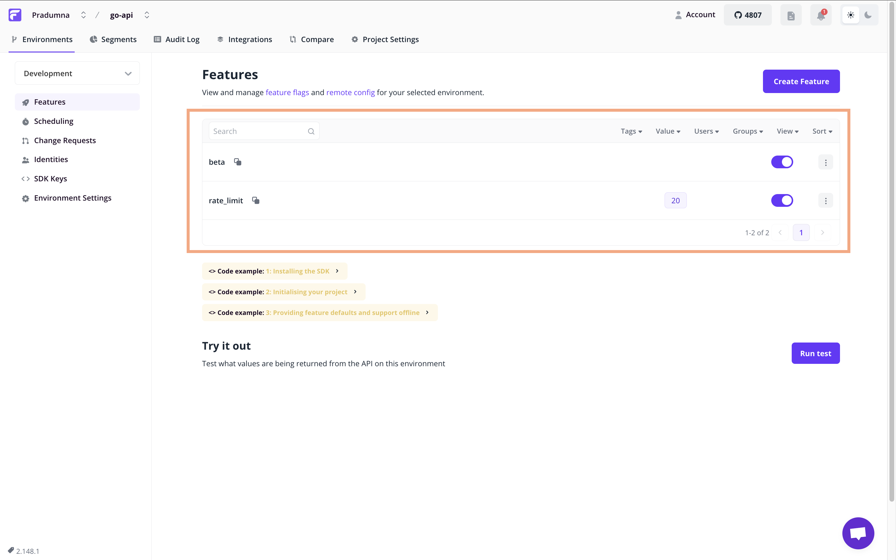 A software interface showcasing a "Features" section with toggles for "beta" and "rate_limit" features. The page includes navigation options on the left and buttons for creating features and running tests.