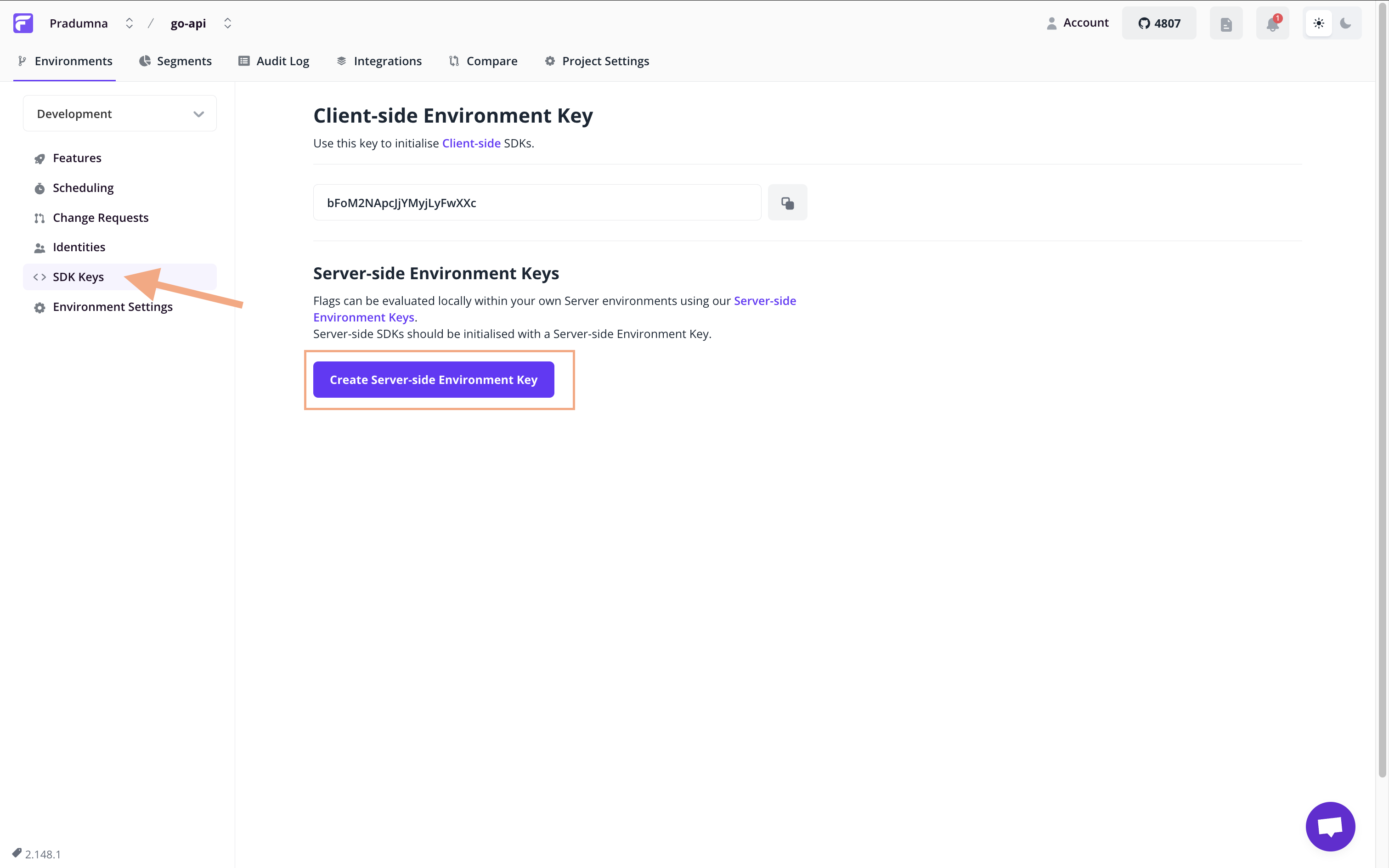 Screenshot of a software interface showing "Client-side Environment Key" and "Server-side Environment Keys" sections. A button labeled "Create Server-side Environment Key" is displayed prominently. The sidebar menu includes options like "SDK Keys" and "Environment Settings."