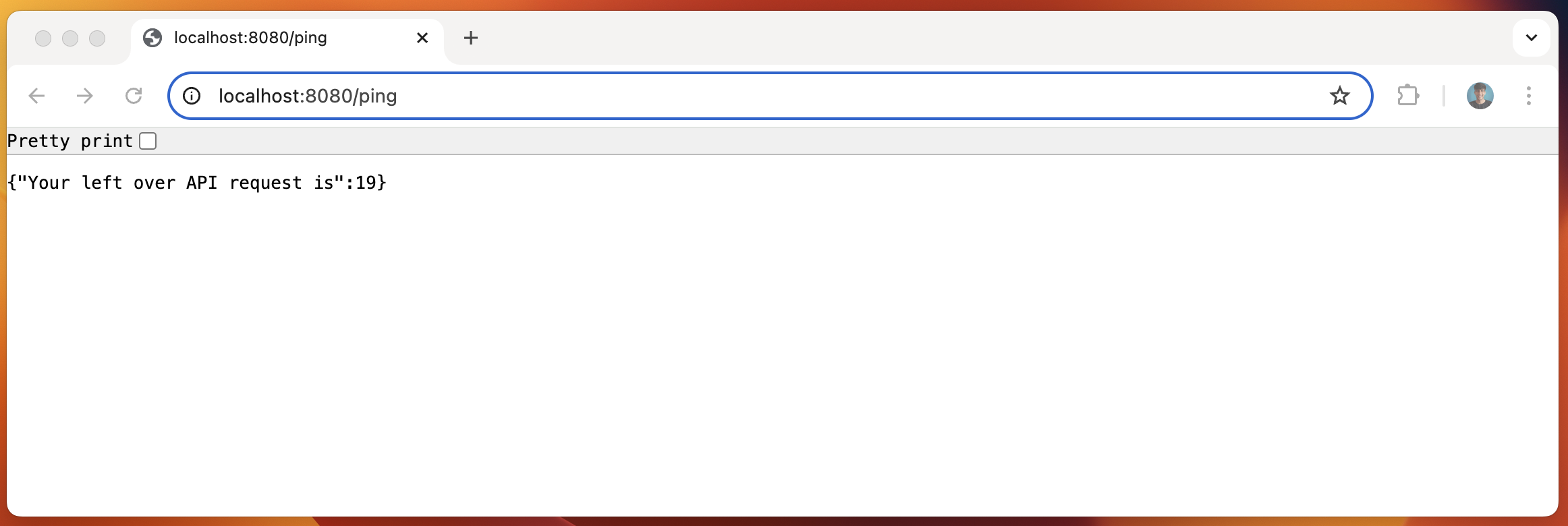 A browser window displaying a webpage at "localhost:8080/ping" showing the JSON message: {"Your left over API request is": 19}.