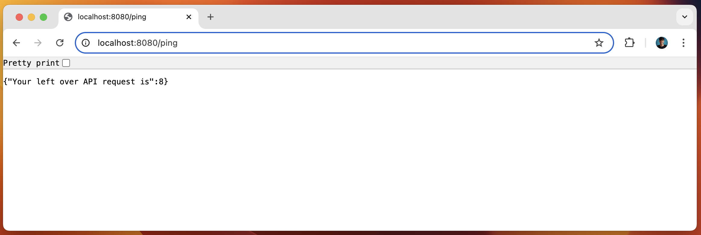 Browser window displaying a JSON response with the text: "Your left over API request is: 8".