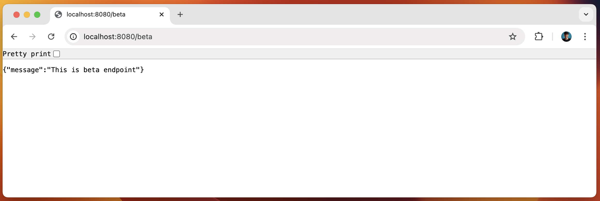 Screenshot of a web browser displaying JSON data at the URL "localhost:8080/beta" with the message: "This is beta endpoint".