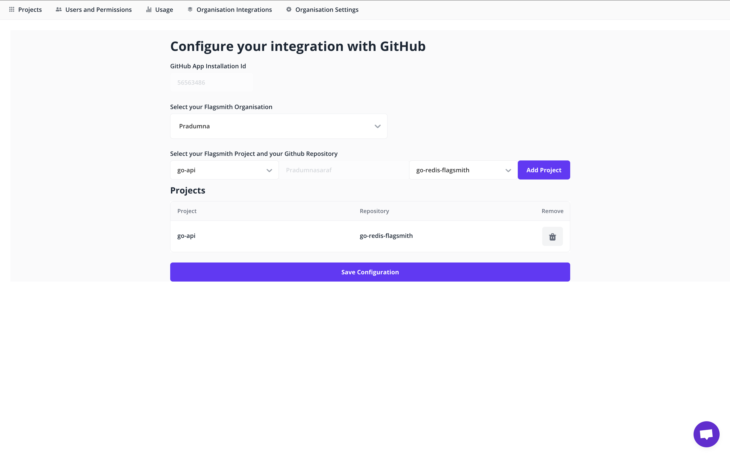 Screenshot of a webpage for configuring GitHub integration with Flagsmith. It includes fields for selecting the organization, project, and repository, with options set for "Pradumna," "go-api," and "go-redis-flagsmith." There is an "Add Project" button and a "Save Configuration" button at the bottom.