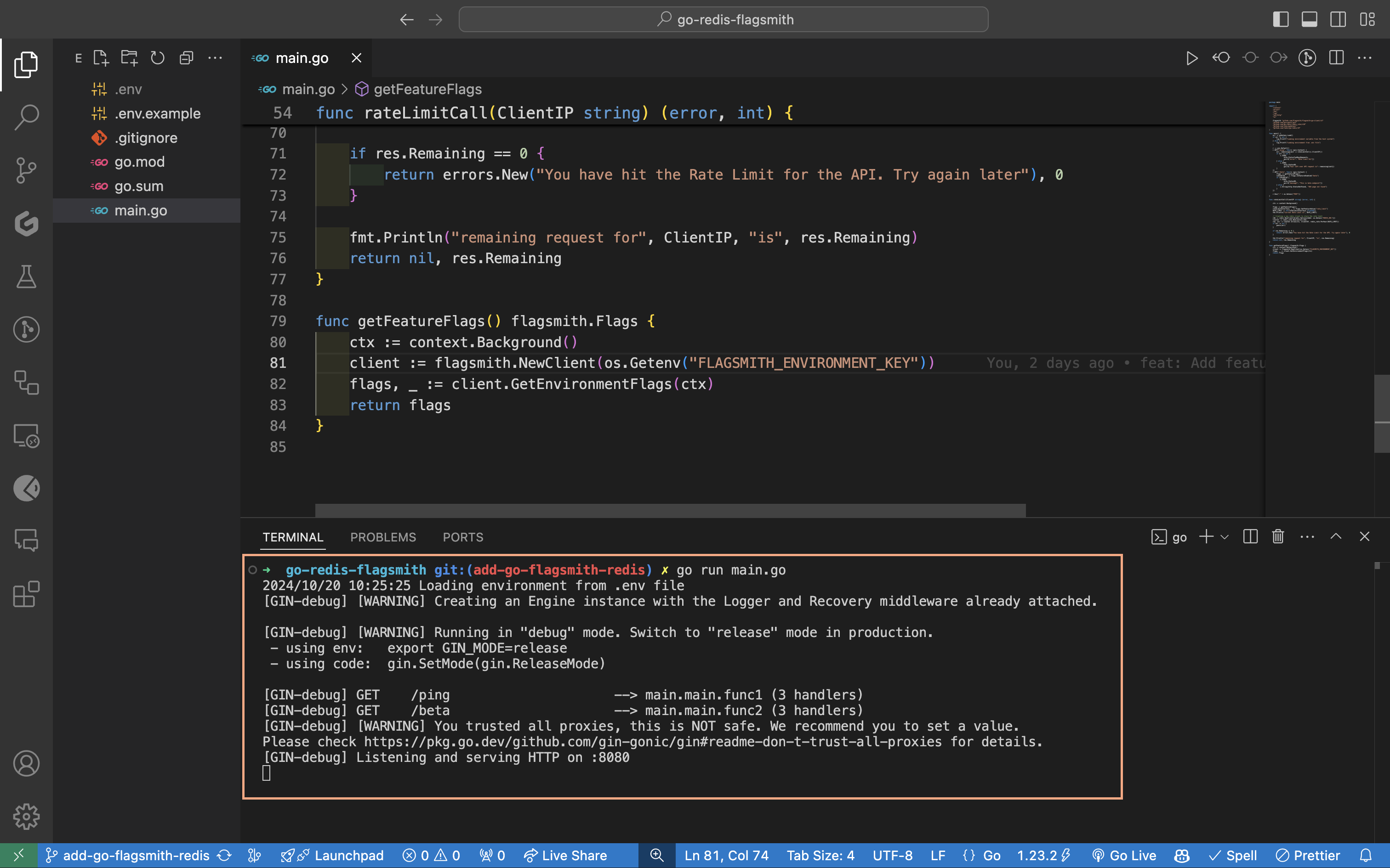 Screenshot of a VS Code window showing a Go project with the file "main.go" open. The code includes functions for rate limiting API calls and retrieving feature flags. The terminal at the bottom displays the output of running the application, with warnings and status messages related to a web server.